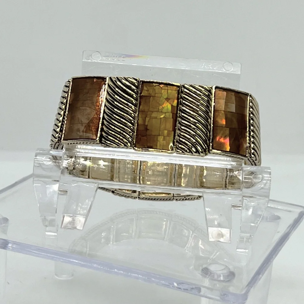 Vintage Crackled Mother of Pearl Shell Mosaic Resin Tiled Stretch Bracelet